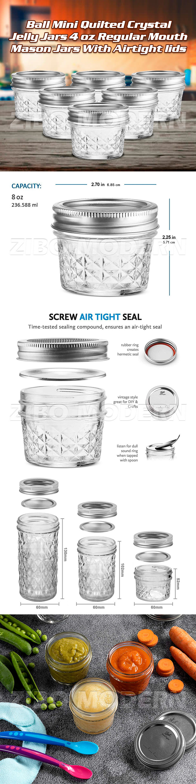 Mini Quilted Crystal Jelly Jars 4 Oz Regular Mouth Mason Jars with Airtight Lids and Bands