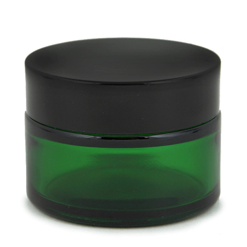 1oz Green Glass Cream Jars with Inner Liners Black Lids