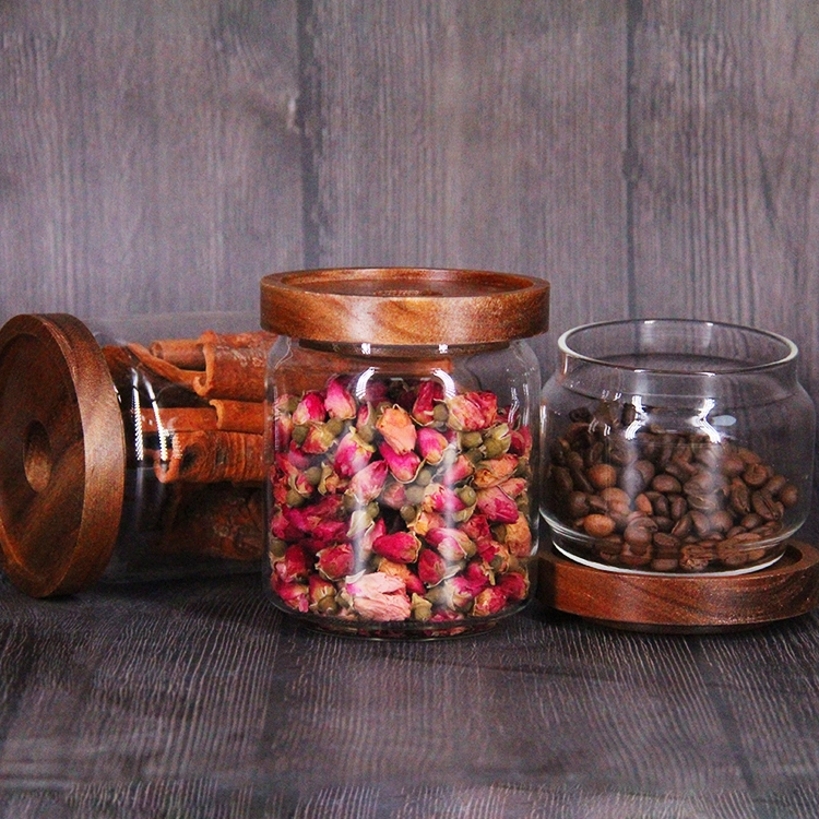 Stackable Acacia Wood Lid Airtight Glass Food Storage Jars for Paste Tea Leaf Coffee Beans