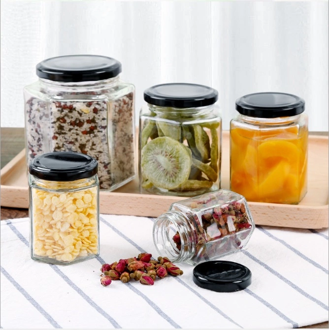 Wholesale Cheap Hexagonal Prisms Food Storage Honey Empty Glass Jars for Canning with Lid