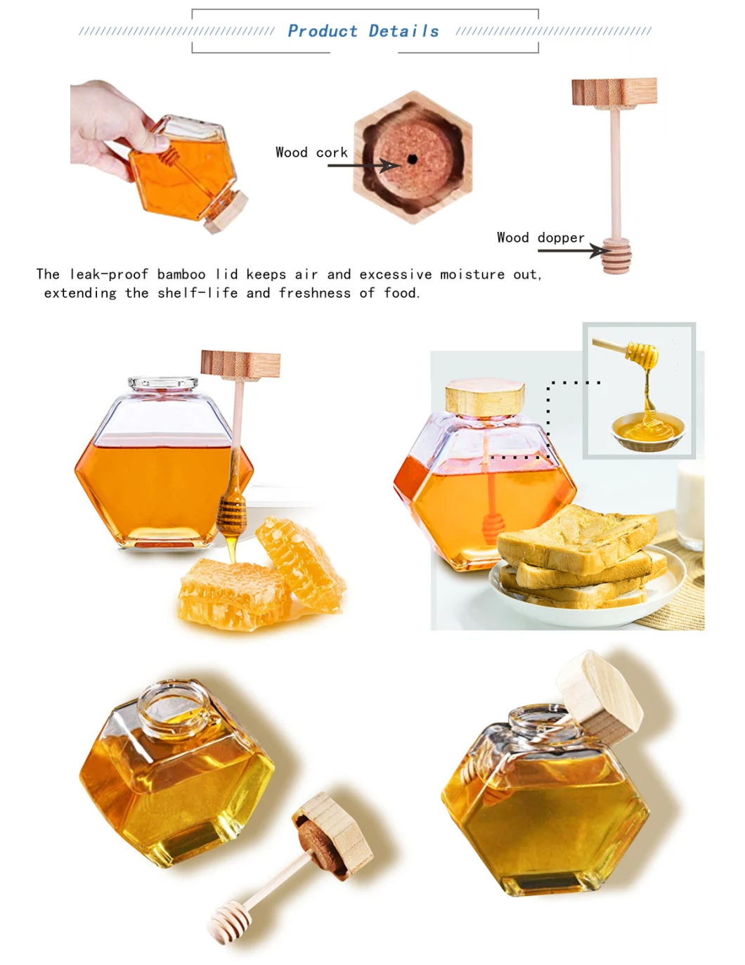 Wholesale 220ml 380ml Empty Transparent Storage Honey Glass Jars with Screw Wooden Caps