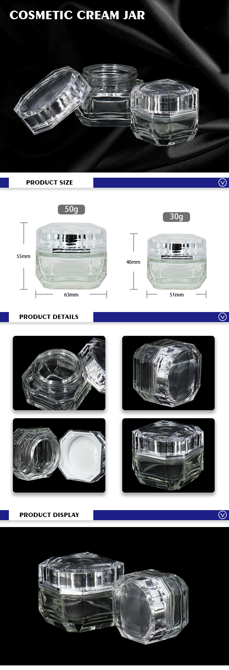 30g 50g Square Glass Jar Empty Glass Coemstic Cream Bottles
