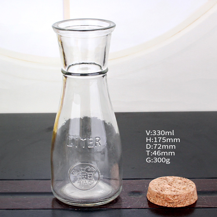 10oz Wide Mouth Glass Juice Bottle Carafe Cork Cover 330ml