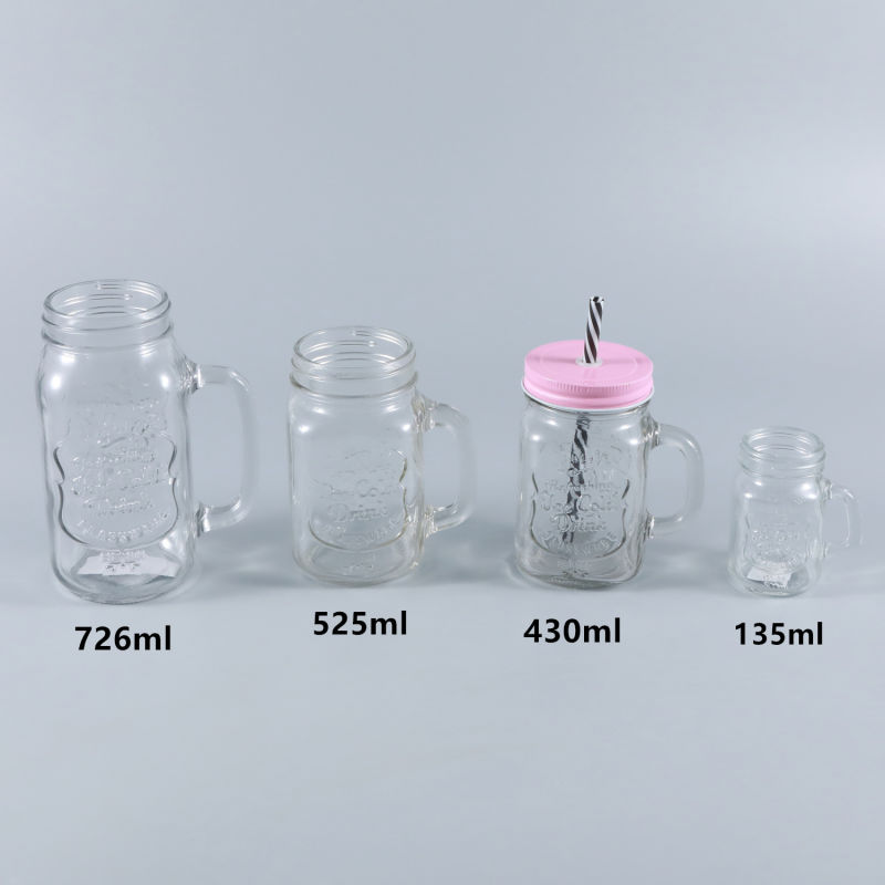 Popular Product Factory Price Embossed Glass Beverage Mason Jar with Handle