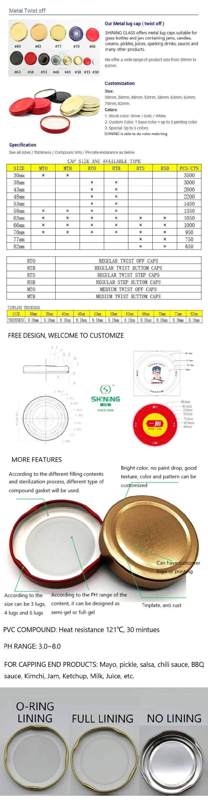 30mm Metal Lug Cap Tinplate Lids for Glass Bottle