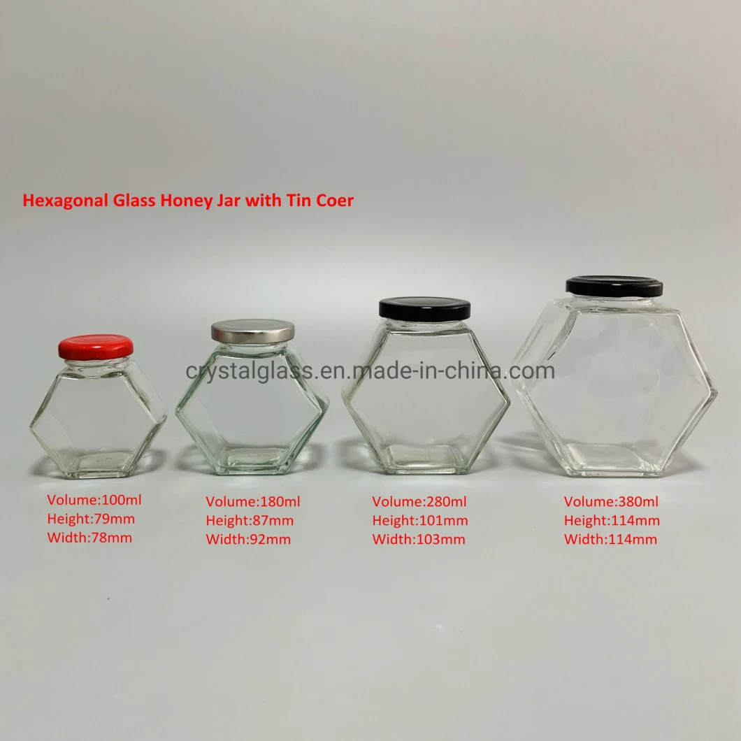 Eco-Friendly Hexagonal Shape Glass Jam Honey Packing Bottle with Black Lid 180ml 280ml 380ml