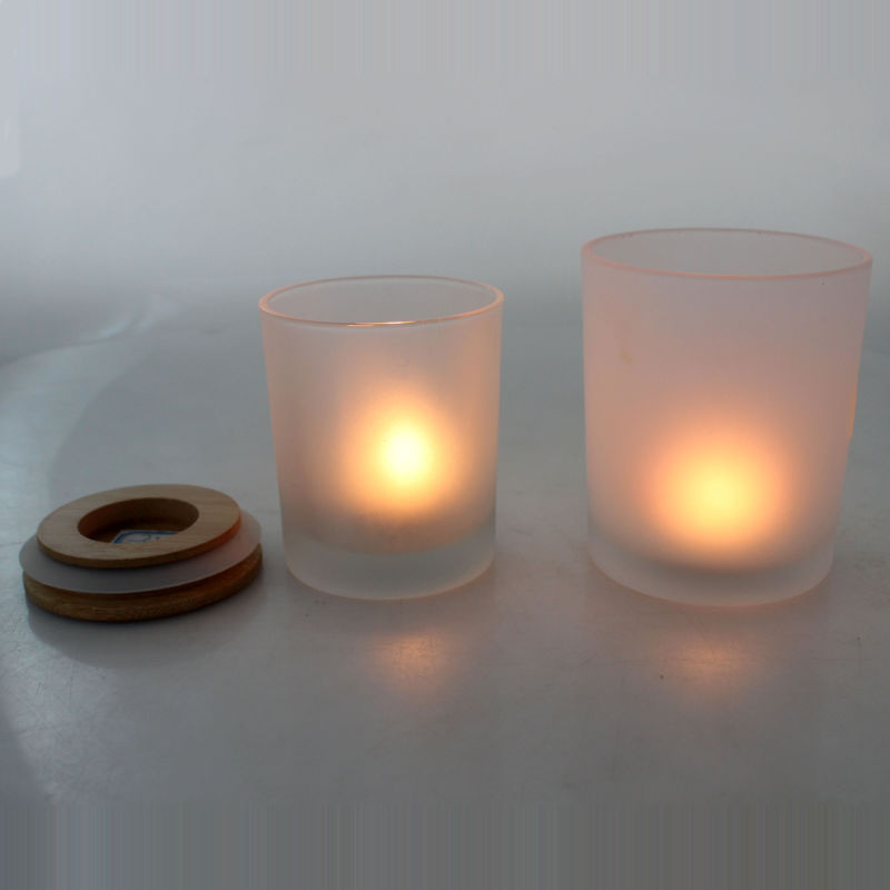 Empty Glass Jars Frosted Glass Candle Holder with Wooden Lid for Sale