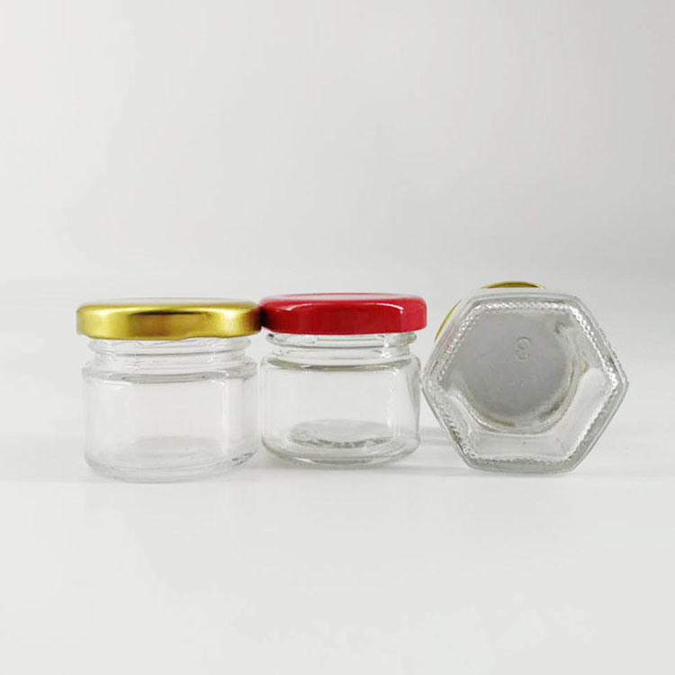 Samll Mini 45 Ml Hexagon Food Jam Storage Honey Glass Jar with Metal Cap