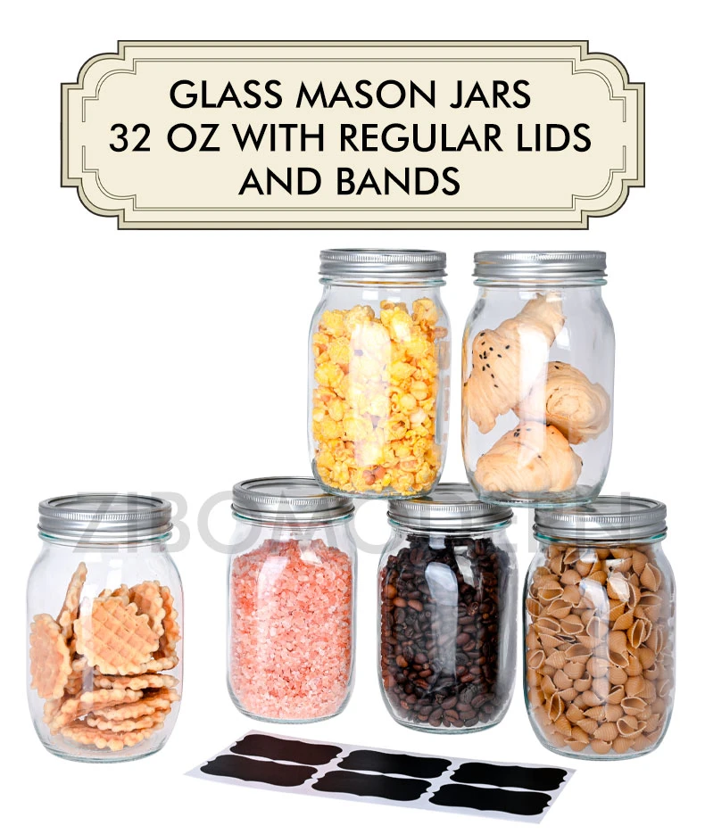 Wholesale Glass Mason Jars with Regular Lids and Bands 32 Oz Mason Jars