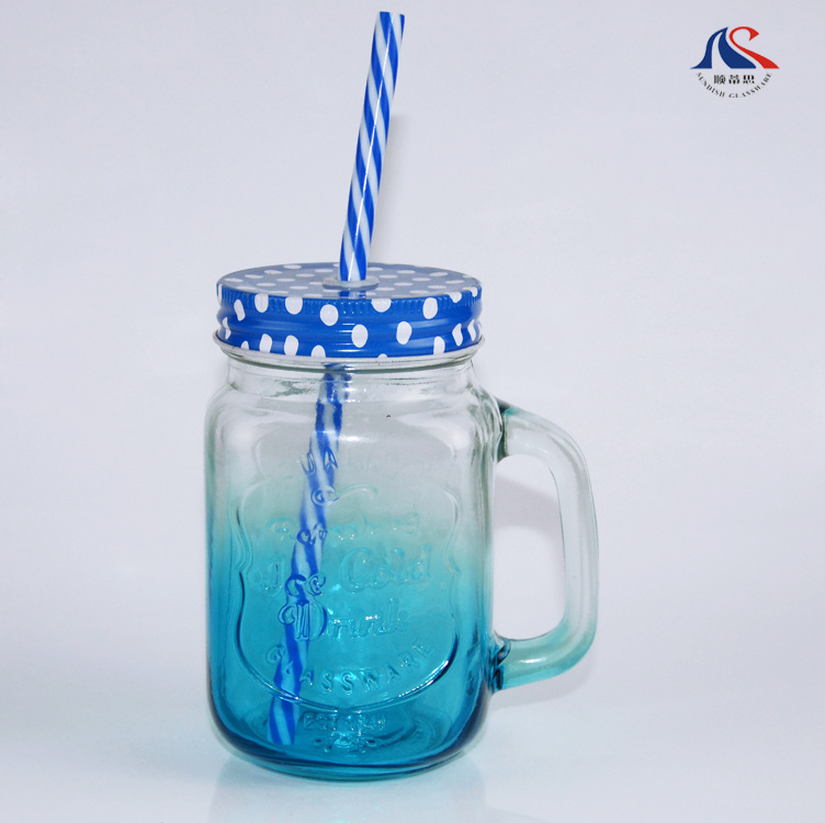 Beverage Ice Cold Drinking Custom Embossed Mason Glass Jars with Handle