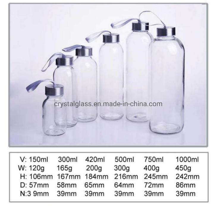 Easy to Carry 500ml Glass Water Bottle with Stainless Steel Cover and Nylon Sleeve