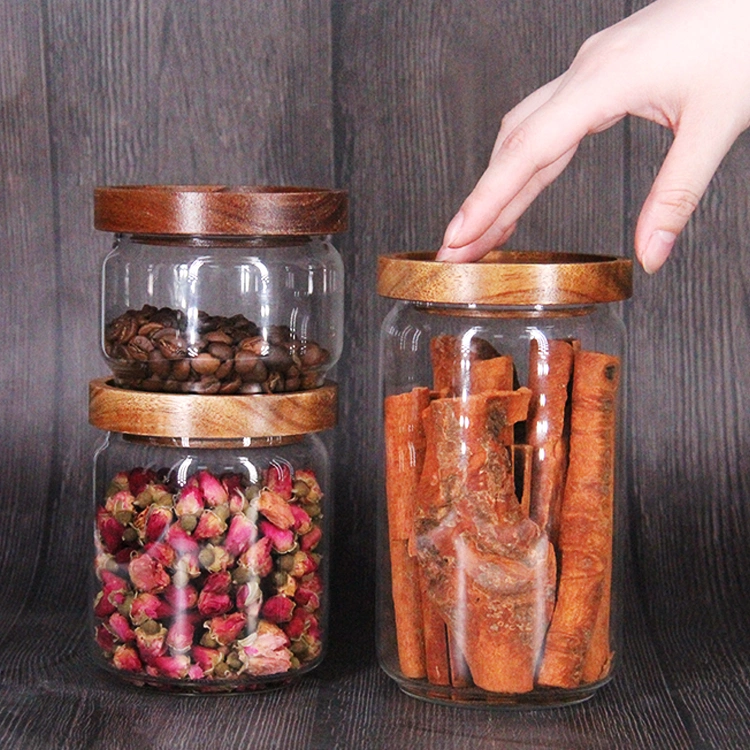 Stackable Acacia Wood Lid Airtight Glass Food Storage Jars for Paste Tea Leaf Coffee Beans