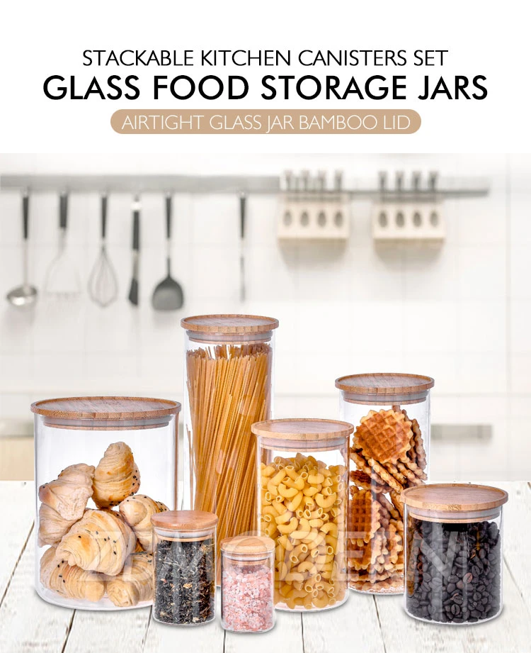 Borosilicate Glass Storage Jar with Bamboo Lid for Tube Shaped Glass Storage Jar for Glass Spice Jar with Wooden Lid