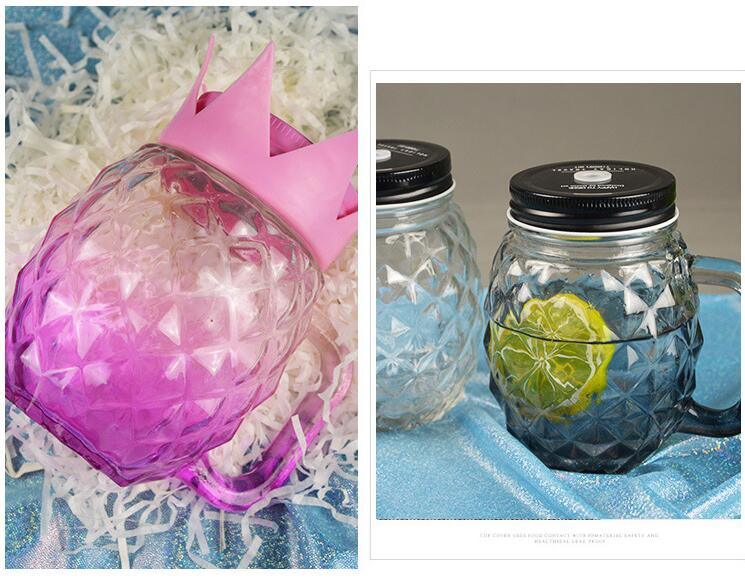 Pineapple Shape Glass Mason Jar with Straw and Leaf