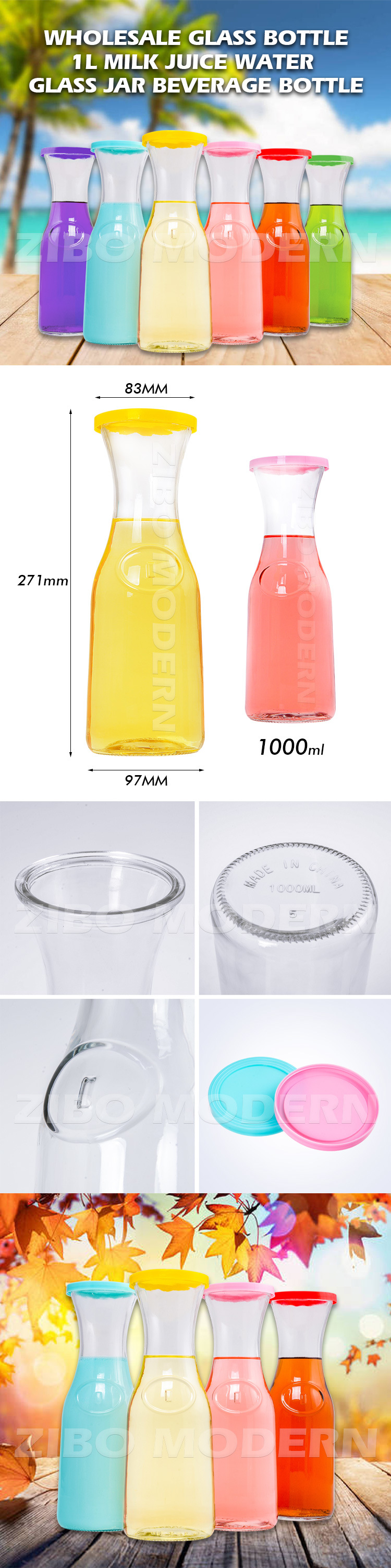 Wide Mouth 1000ml Glass Beverage Bottle for Orange Juice Beer for Bar