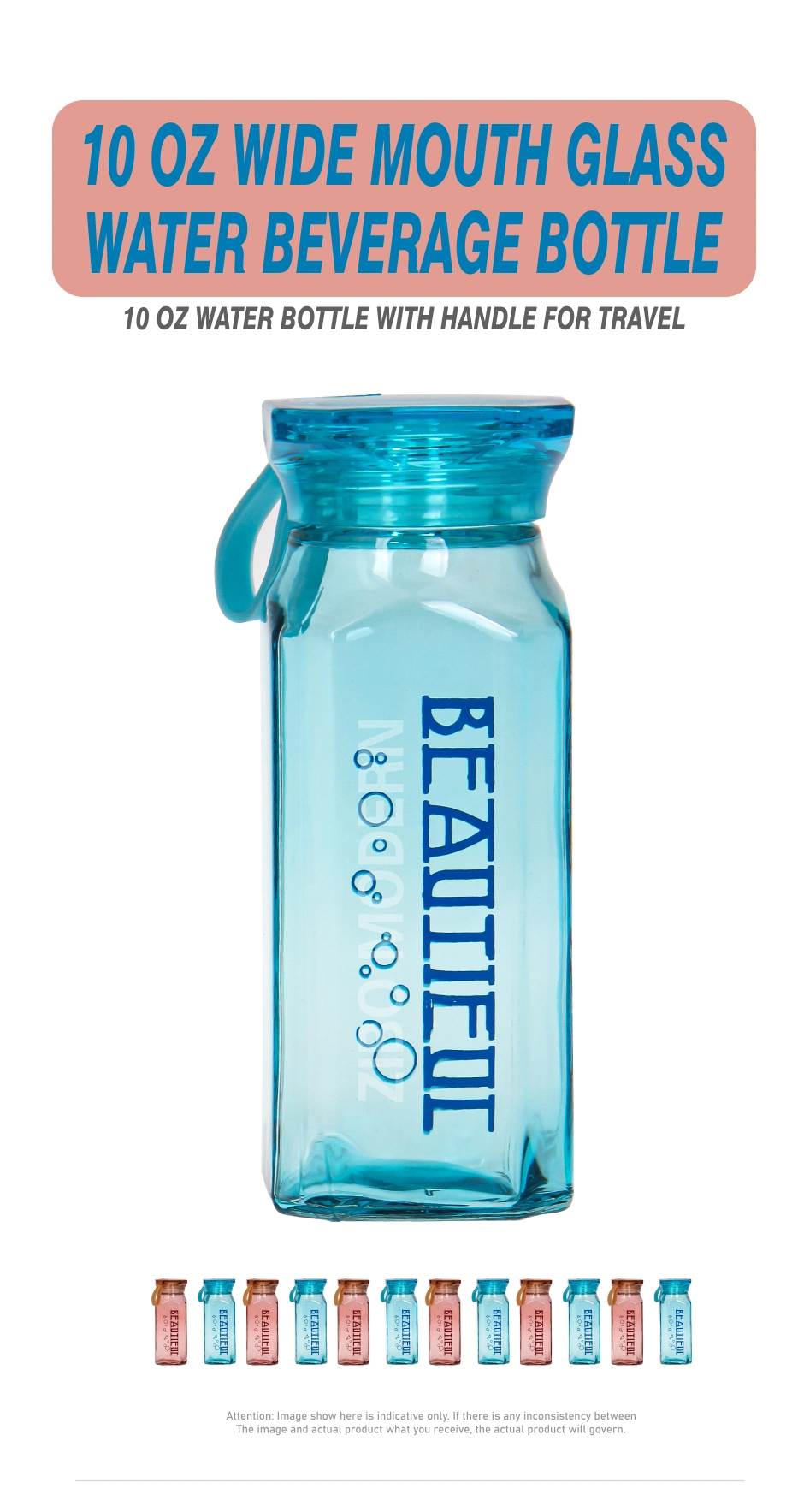 10 Oz Wide Mouth Glass Water Beverage Bottle - Travel Water Bottle - Drinking Beverage Bottle