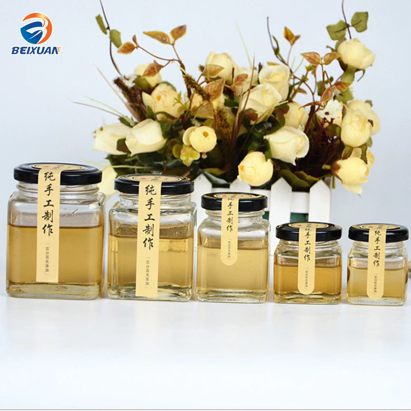 High Quality 200ml Transparent Square Glass Honey Jam Jars with Lids Customized Paster