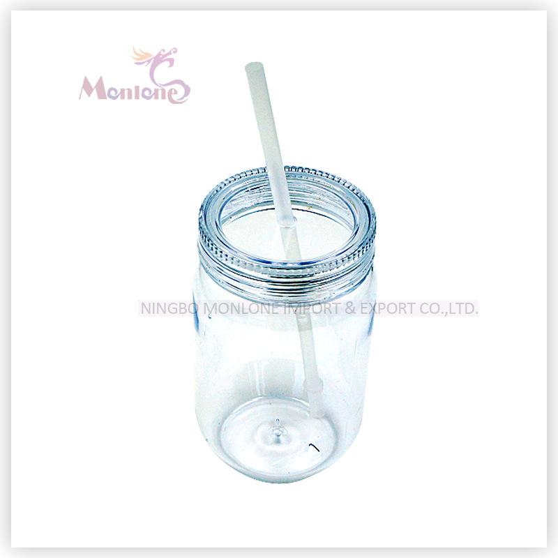 Promotional BPA Free PP+PC Plastic Mason Jar with Straw