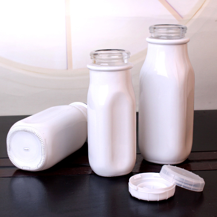 240ml Square White Glass Milk Juice Bottles with Cap