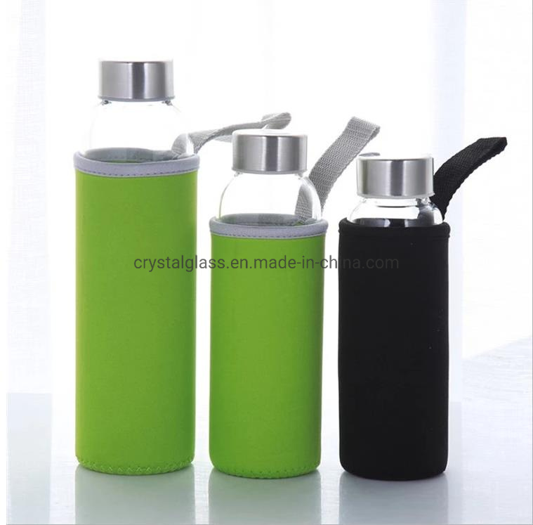 Easy to Carry 500ml Glass Water Bottle with Stainless Steel Cover and Nylon Sleeve