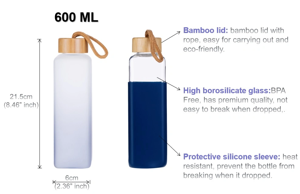 BPA Free Bamboo Lid Glass Water Bottle 600ml Frosted Borosilicate Glass Bottle