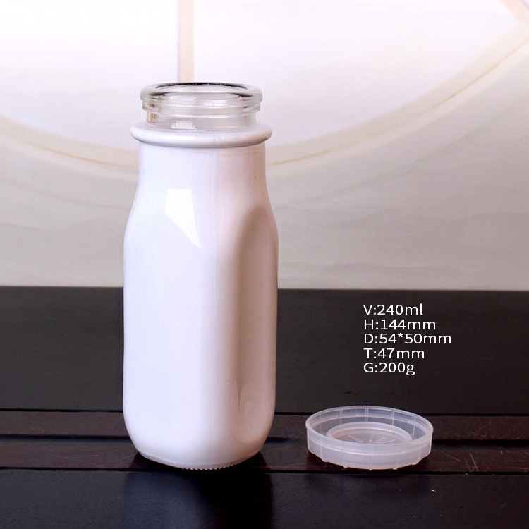 240ml Square White Glass Milk Juice Bottles with Cap