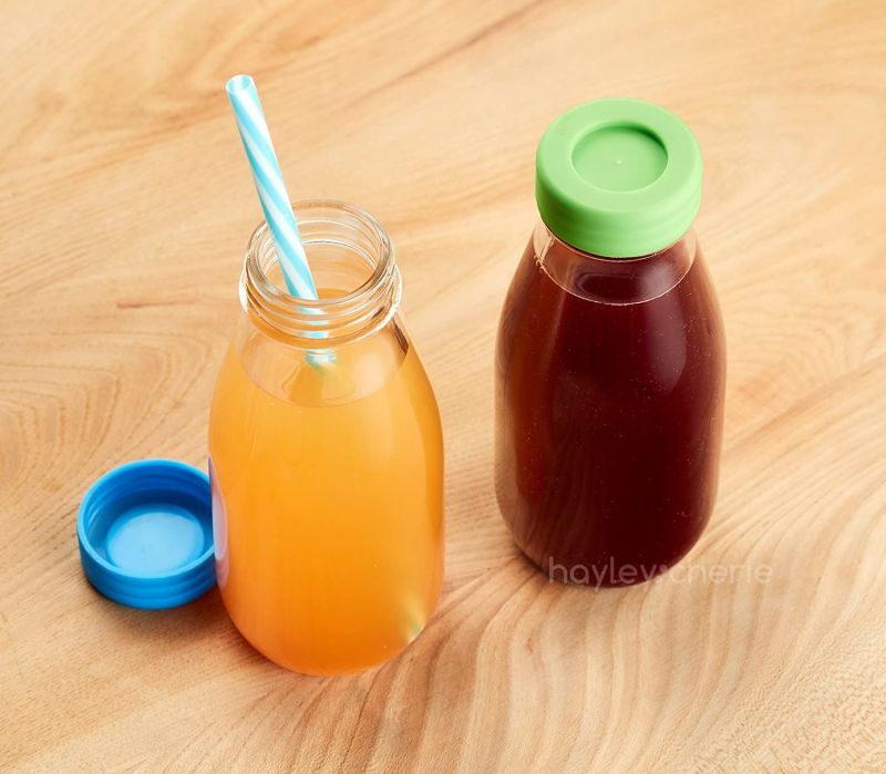 10oz Glass Milk Bottles with Colorful Leak Proof Lids for Drinking