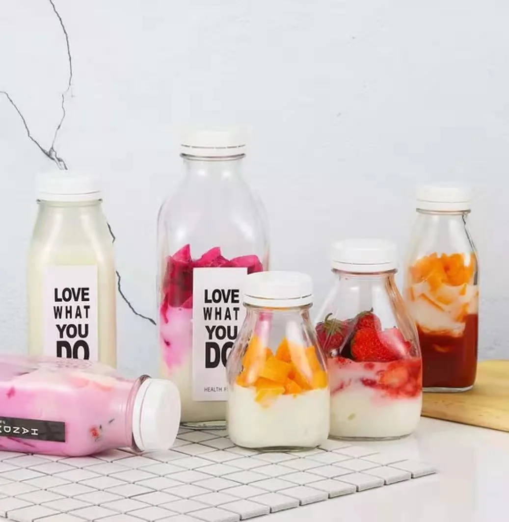 Wholsale 300ml Square Juice Milk Glass Bottle with Tamper Proof Plastic Lid