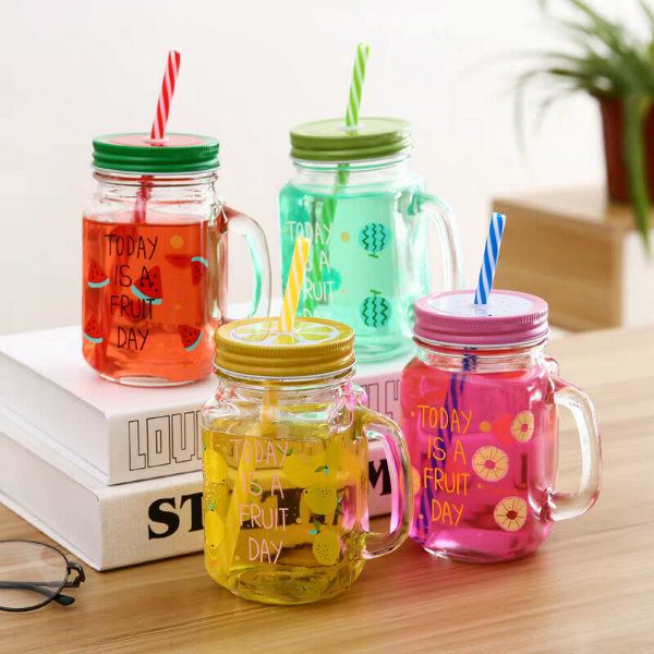 16oz Multi-Color Glass Mason Mug with Handle and Lid