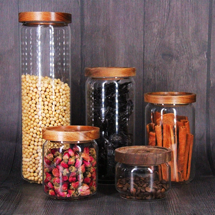 Stackable Acacia Wood Lid Airtight Glass Food Storage Jars for Paste Tea Leaf Coffee Beans