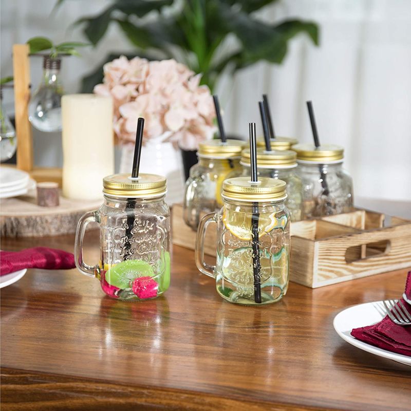 Set of 6 Glass Mason Mug Glass Jars with Lids and Wood Caddy for Gift