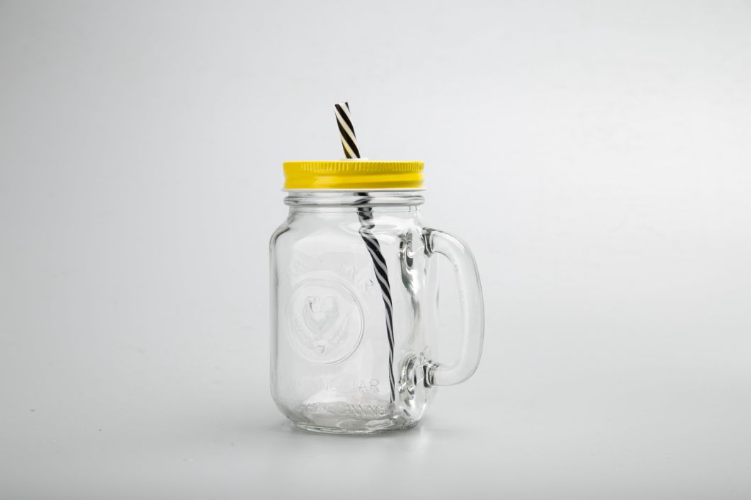 Embossd Glass Cold Drinking Mason Jars with Handle and Aluminum Lid