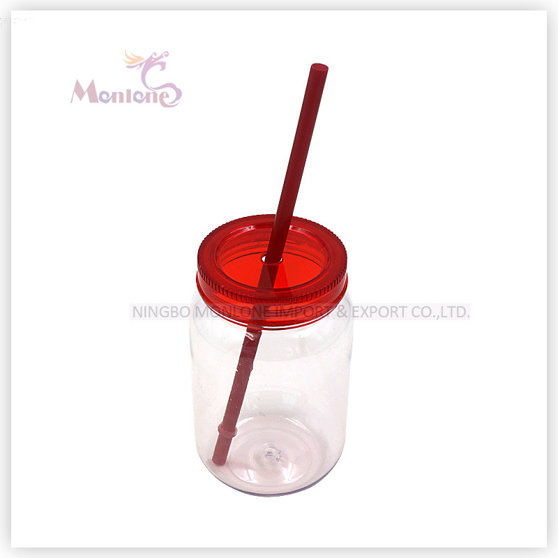 Promotional BPA Free PP+PC Plastic Mason Jar with Straw