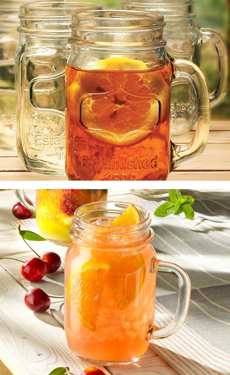 Popular Product Factory Price Embossed Glass Beverage Mason Jar with Handle