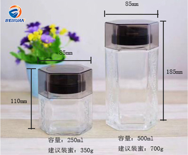 500ml Honoy Glass Bottle Hexagonal Glass Jar with Plastic Lids