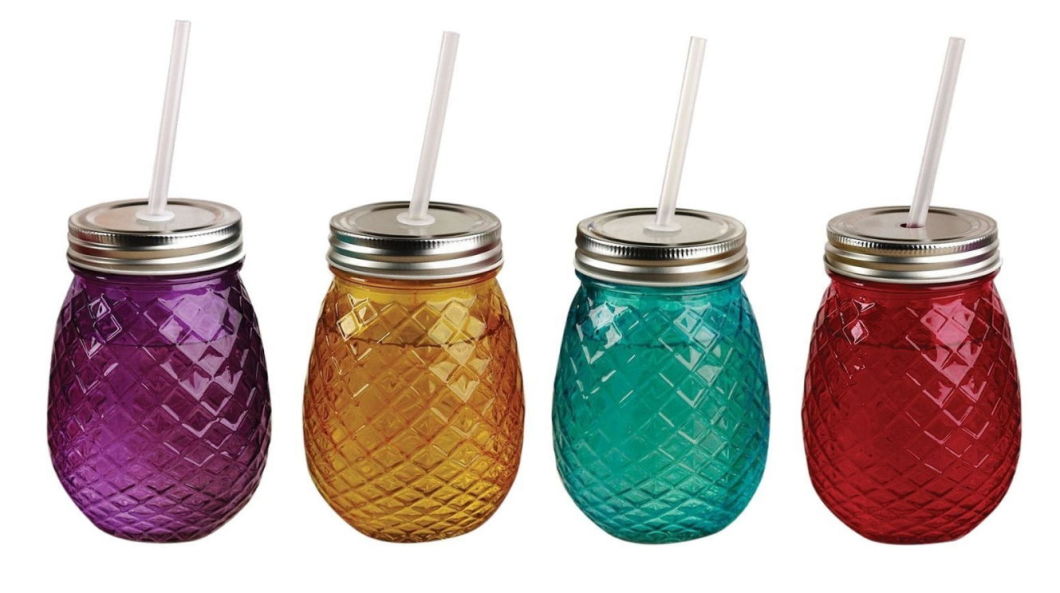 Four Piece Pineapple Mason Mug Glass Mason Jar with Metal Cover