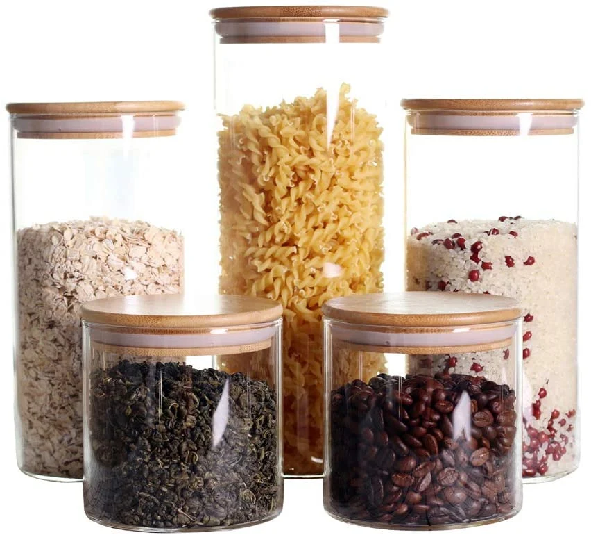 Stackable Kitchen Glass Storage Bottle Set Clear Glass Food Storage Jars for Cookie and Rice