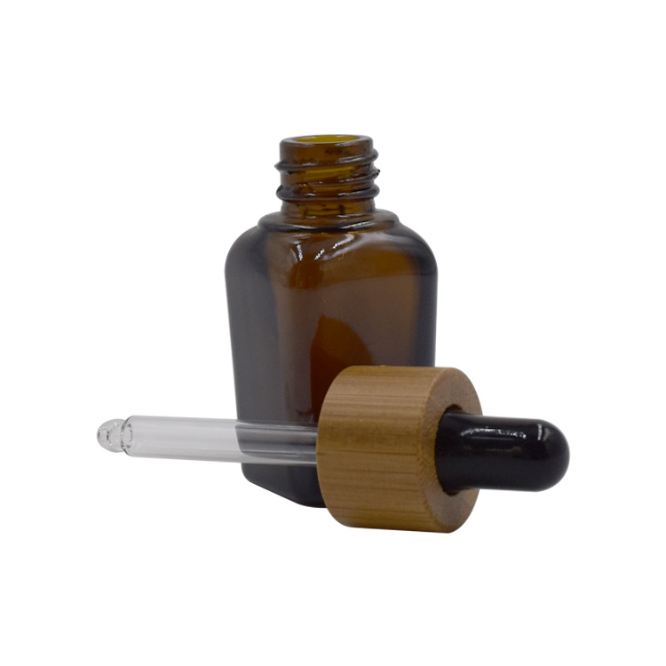 Amber Square Glass Essential Oil Bamboo Dropper Bottle