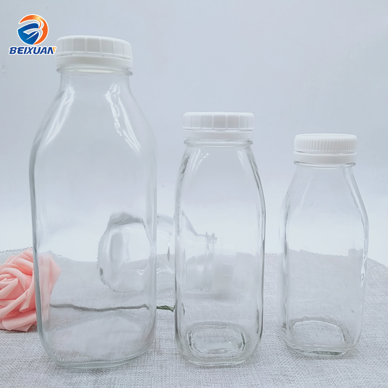 1000ml French Square Thick Bottom Clear Glass Beverage Bottles for Storing Juice