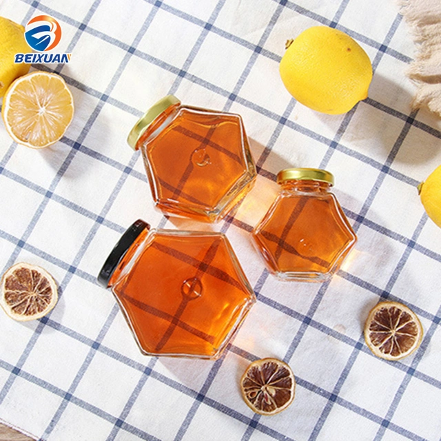 Hot Sale Wholesale 380ml Hexagon Glass Honey Jars with Tinplate Cover