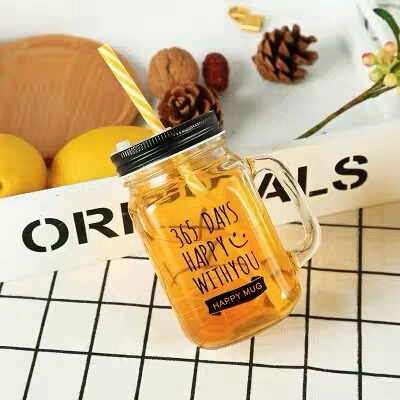 Personality Glass Mason Jar Glass Juice Jar with Lid Ans Straw