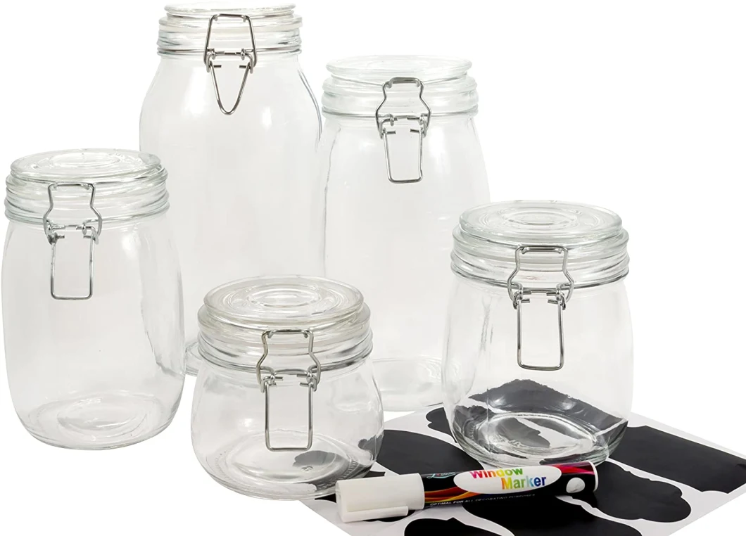 5-Piece Airtight Glass Storage Jars Set with Clear Glass Clip Top Lids