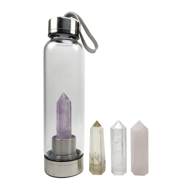 Borosilicate Glass Water Bottle with Natural Crystal Energy Drinking