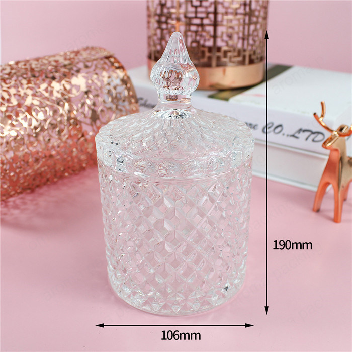 Round Shape Covered Candy Jar Crystal Line Design Glass Storage Jar