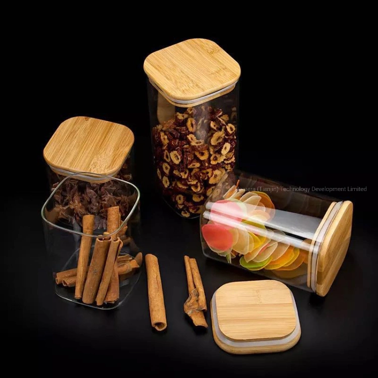 Food Canister Borosilicate Glass Square Shape Storage Jar with Bamboo Lid Glass Storage Jars