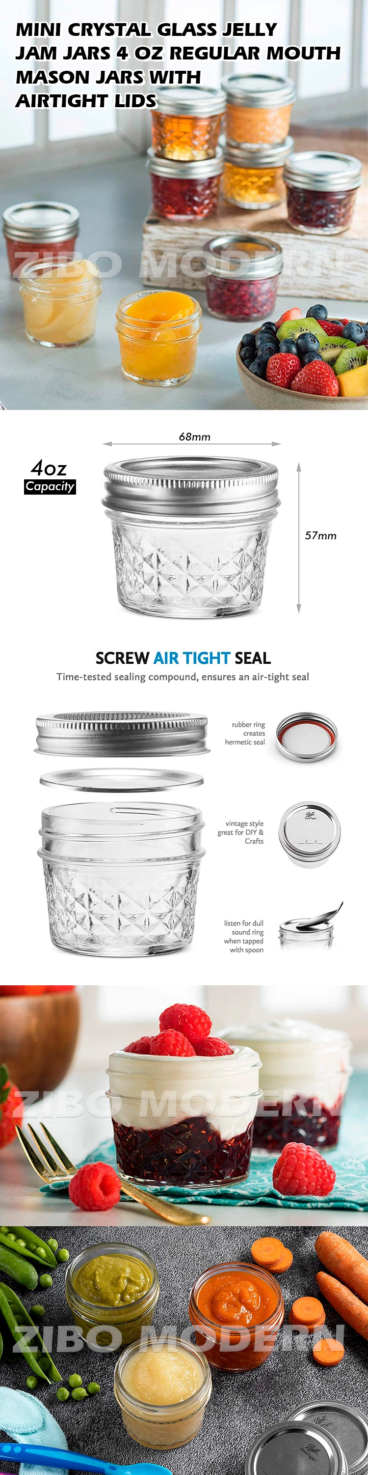 Wholesale Mini Crystal Glass Jelly Jam Jars 4 Oz Regular Mouth Mason Jars with Airtight Lids