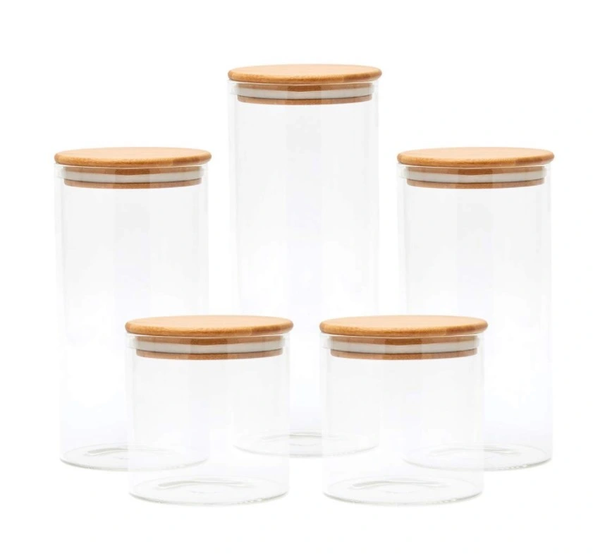 5 Piece Clear Glass Food Storage Jars Set with Natural Bamboo Lids