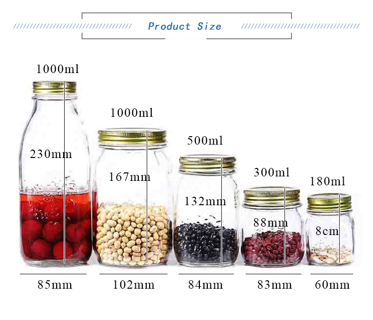 Wide Mouth Food Jam Storage Mason Jar with Metal Lids