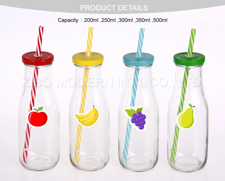 Wholesale Drinking Glass Bottles with Metal Cap and Straw