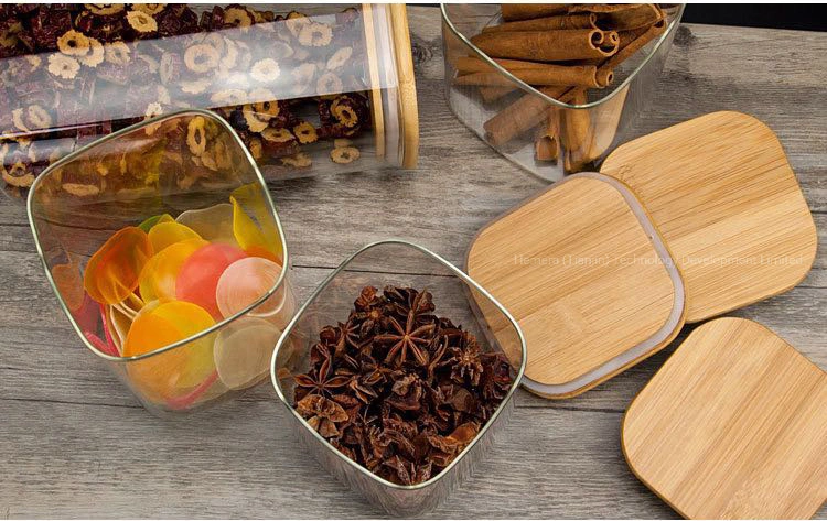 Food Canister Borosilicate Glass Square Shape Storage Jar with Bamboo Lid Glass Storage Jars